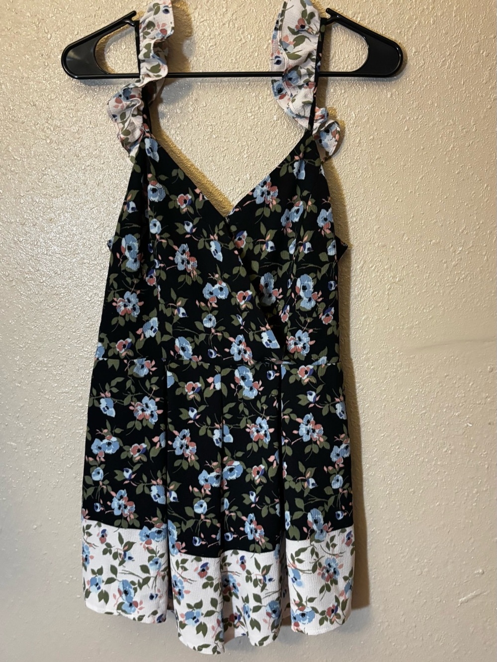 Floral Ruffle Strap jumper Black with Blue & Pink Flowers small size